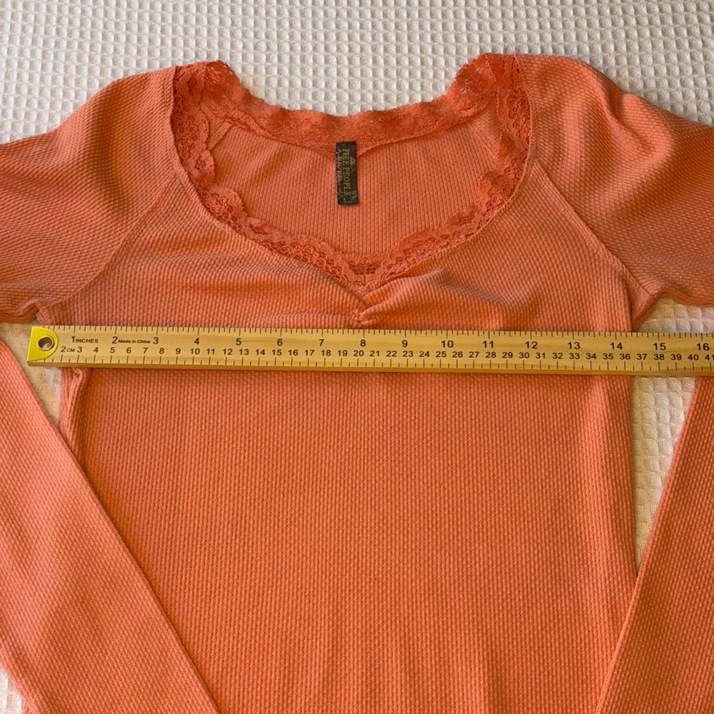 Free People Coral Orange Waffle Knit Lace Trim Thermal Top Sweetheart Neck S